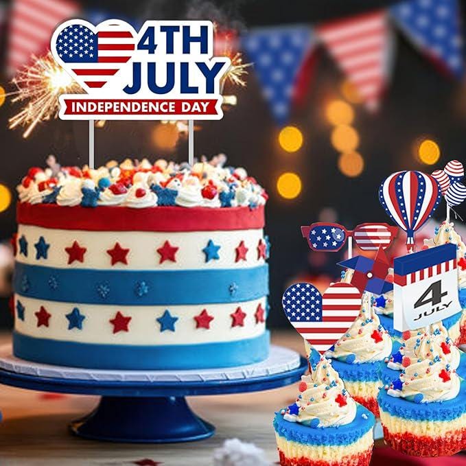 President Day Patriotic USA Banner Cake Toppers Red White Blue Balloons