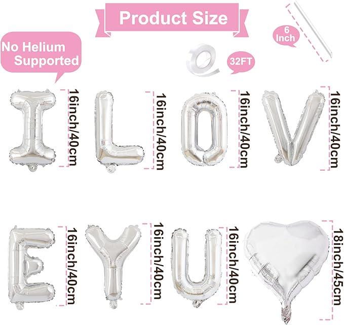 16 Inch Silver I LOVE YOU Balloons Banner with Heart Foil for Romantic Decor