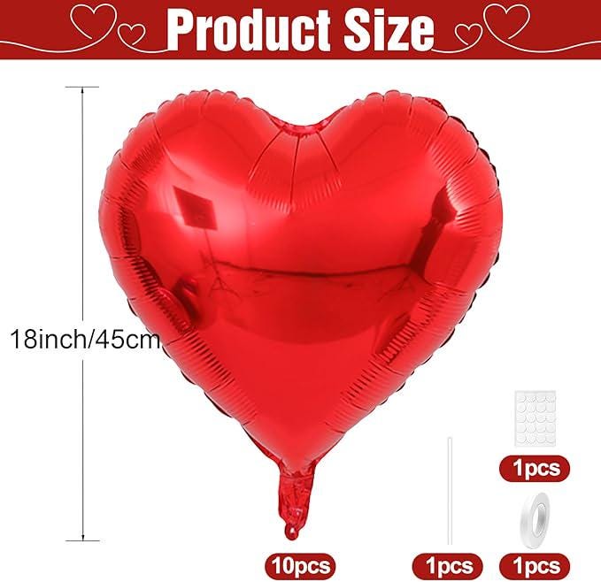 10 Red Heart Balloons 18 Inch Foil Love Balloons for Valentines Wedding Party