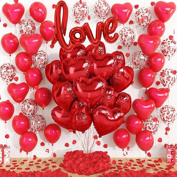 Red Heart Love Balloons Confetti Latex with Rose Petals for Valentines Wedding Party