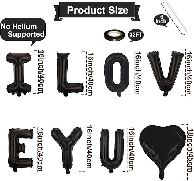 16 Inch Black I LOVE YOU Balloons Banner with Heart Foil for Romantic Decor
