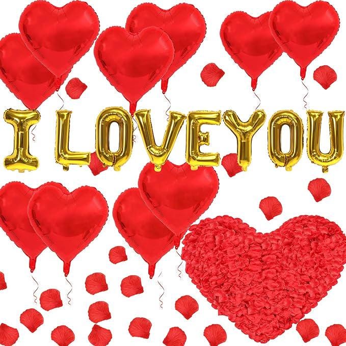 Gold I Love You Balloons Red Heart with 500 Rose Petals for Wedding Valentines Decor
