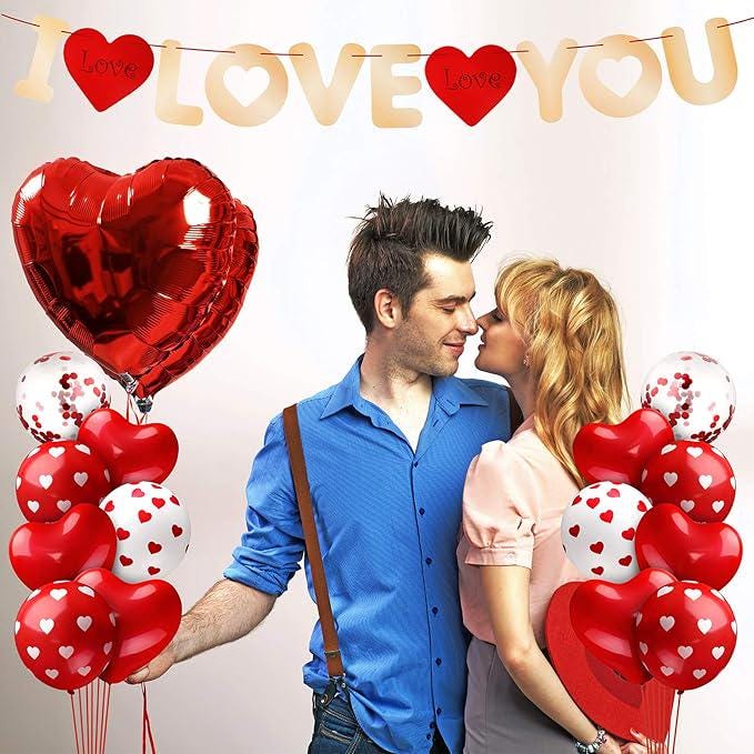 Valentines Balloon Banner Kit 14 Heart I Love You Letter with 35 Red White Balloons