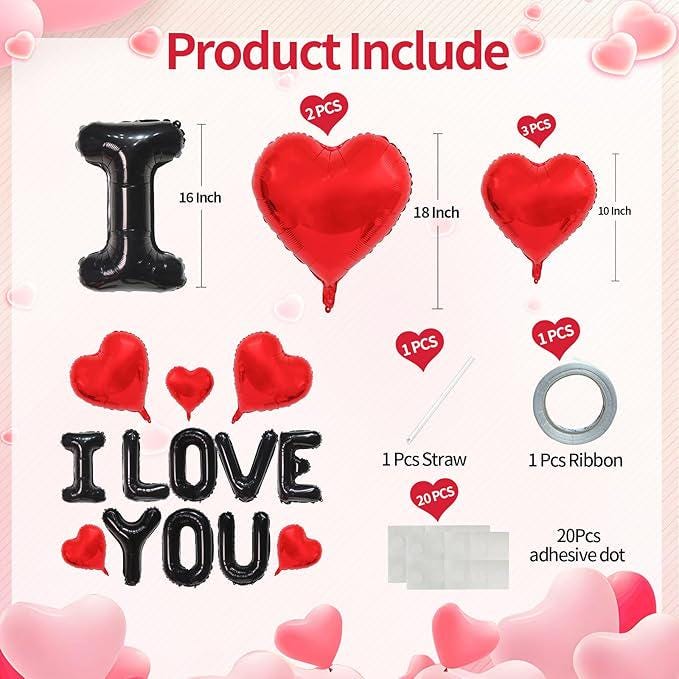 16 Inch Black I Love You Balloons with Red Heart Mylar for Valentines Wedding Party