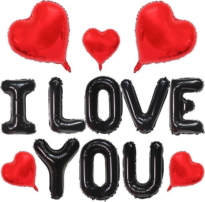 16 Inch Black I Love You Balloons with Red Heart Mylar for Valentines Wedding Party