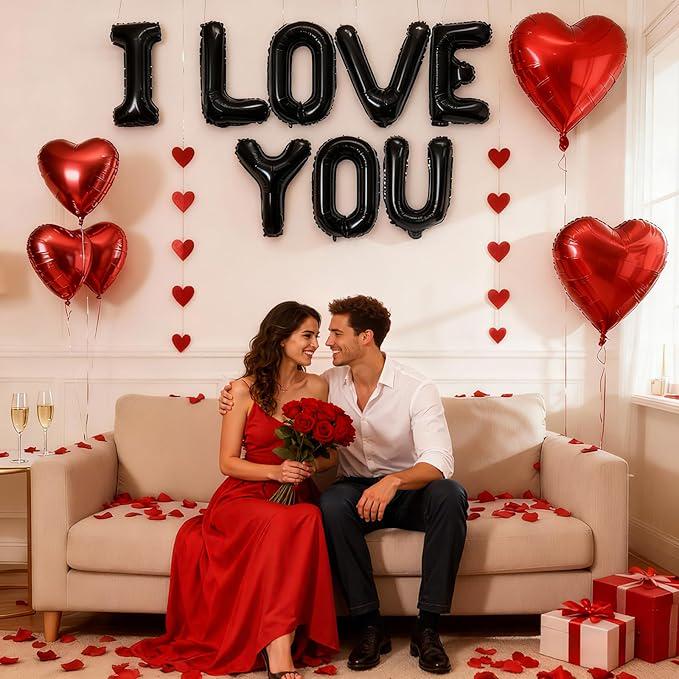 16 Inch Black I Love You Balloons with Red Heart Mylar for Valentines Wedding Party