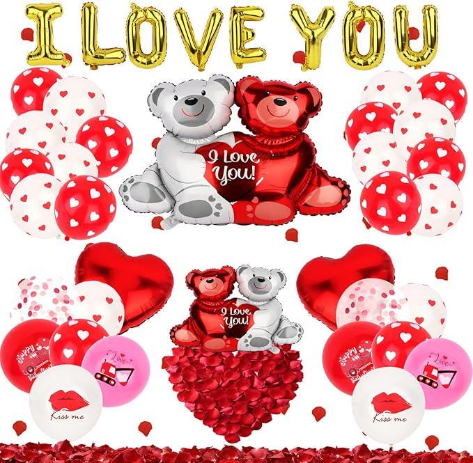 Valentines Day Balloon Decor Teddy Bear I Love You Set With 12 Heart Balloons