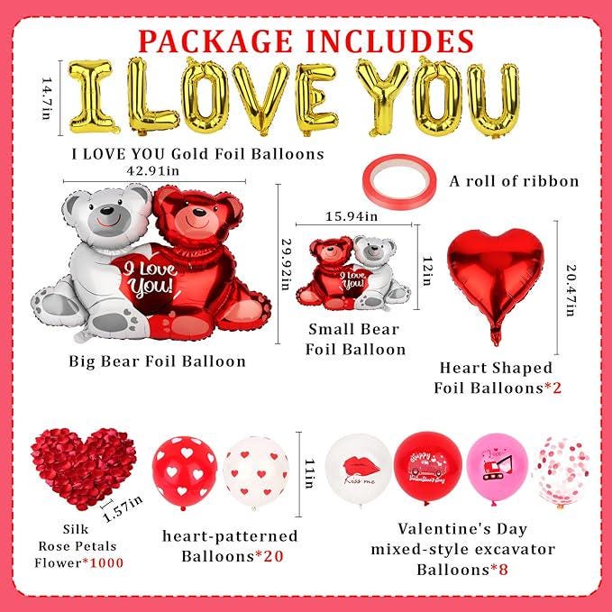 Valentines Day Balloon Decor Teddy Bear I Love You Set With 12 Heart Balloons