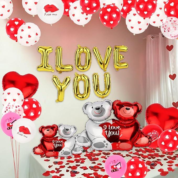 Valentines Day Balloon Decor Teddy Bear I Love You Set With 12 Heart Balloons
