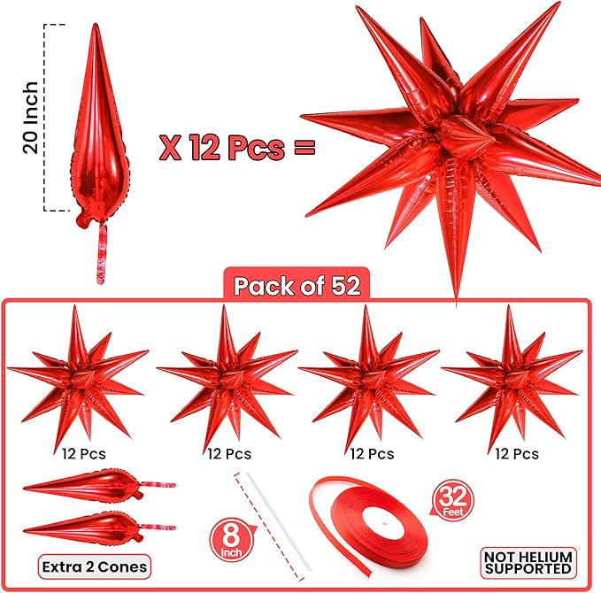 Large Red Star Balloons 20 Inch Pack of 52 for Christmas Birthday Party Decor