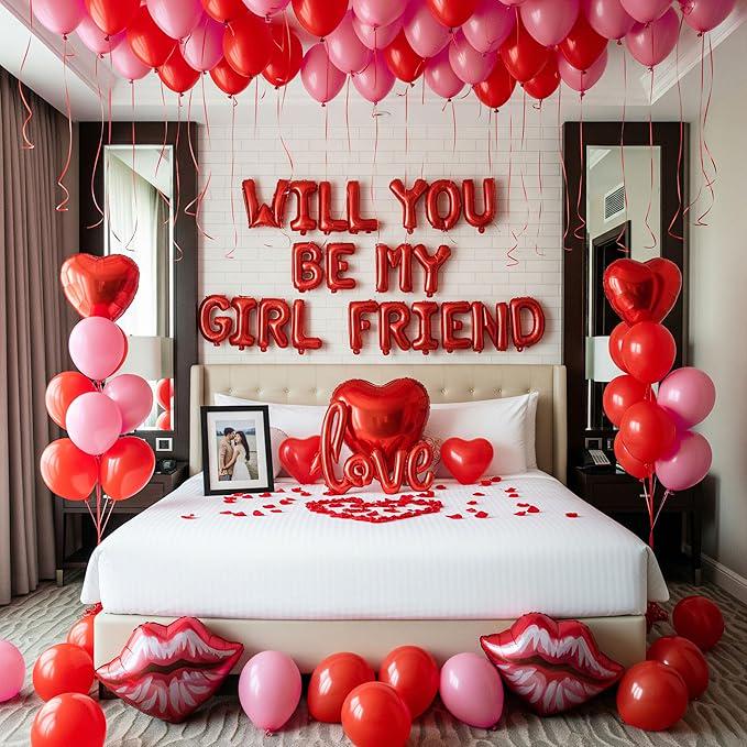 Red Will You Be My Girlfriend Balloon Set Heart Lips Love Balloons Valentines Decor
