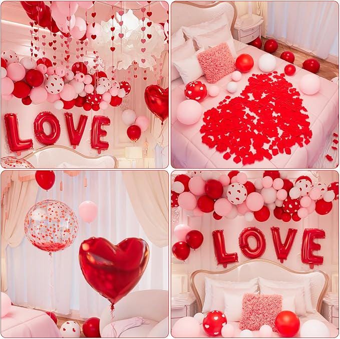 Valentines Day Bedroom Balloon Arch Kit Love Heart Balloons Rose Petals Decor