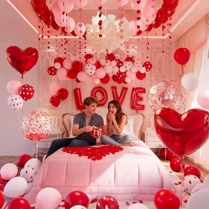 Valentines Day Bedroom Balloon Arch Kit Love Heart Balloons Rose Petals Decor