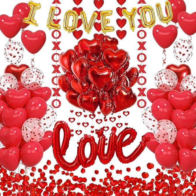 114Pcs Red Valentines Day Decorations I Love You Balloons Rose Petals Garland Decor