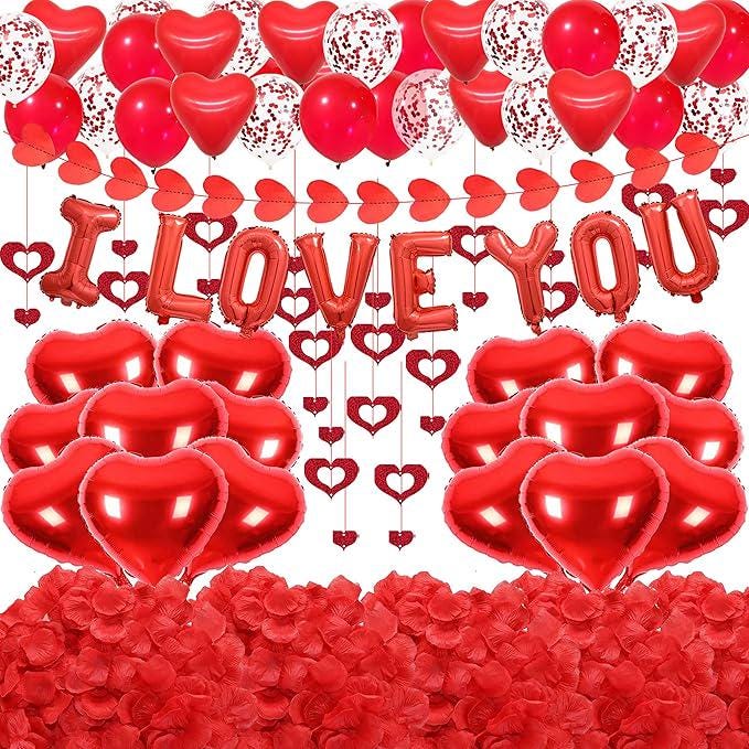 Valentines Day Decorations 2 Set Red I Love You Balloons Rose Petals Party Decor