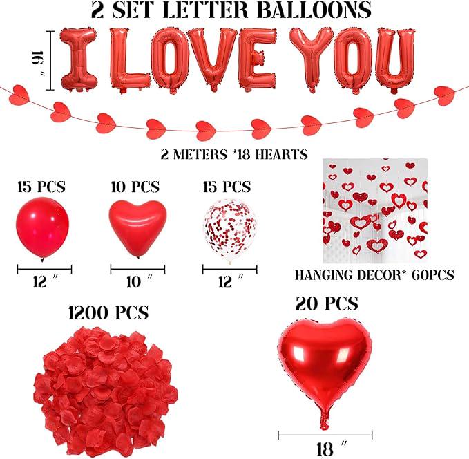 Valentines Day Decorations 2 Set Red I Love You Balloons Rose Petals Party Decor
