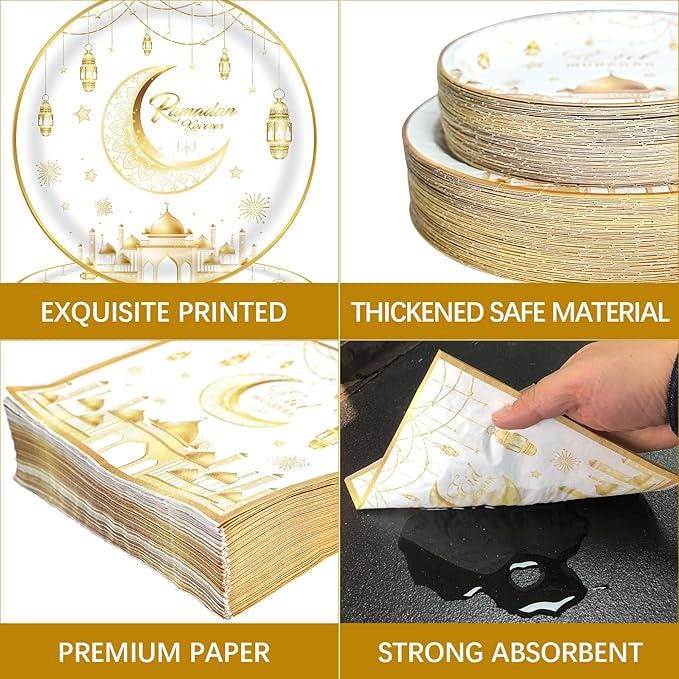 180 Piece Ramadan Eid Mubarak Party Supplies Plates Napkins Set for 60 Guests