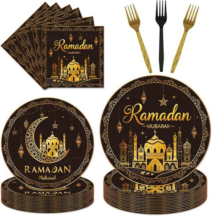 96 Piece Ramadan Party Tableware Set Plates Napkins Forks Decorations 24 Guests