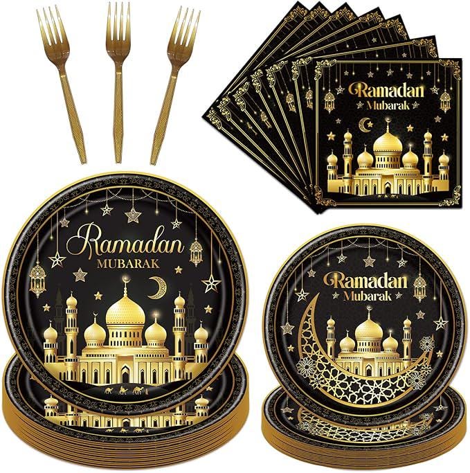 Eid Mubarak Decorations Tableware 96 Piece Ramadan Party Plates Napkins Forks Star Moon Theme