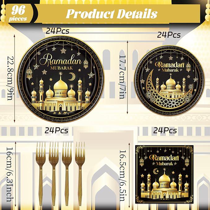 Eid Mubarak Decorations Tableware 96 Piece Ramadan Party Plates Napkins Forks Star Moon Theme