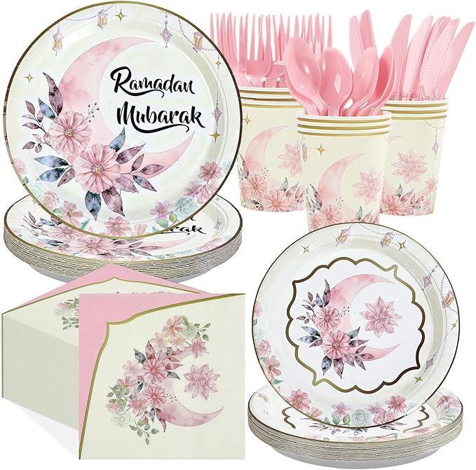 Pink Ramadan Mubarak Party Set: Floral Crescent Design, 24 Guests