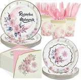 Pink Ramadan Mubarak Party Set: Floral Crescent Design, 24 Guests