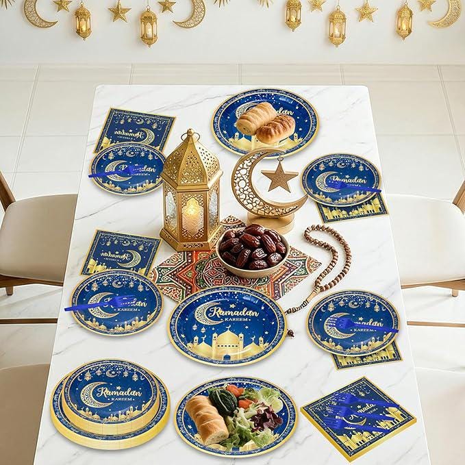 96 Piece Ramadan Plates Napkins Forks Set Blue Gold Eid Mubarak Tableware 24 Guests