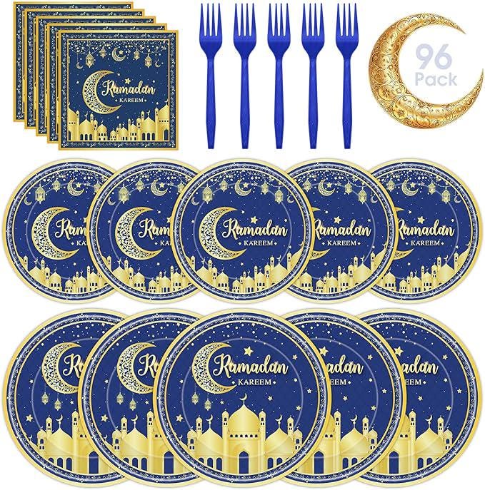 96 Piece Ramadan Plates Napkins Forks Set Blue Gold Eid Mubarak Tableware 24 Guests