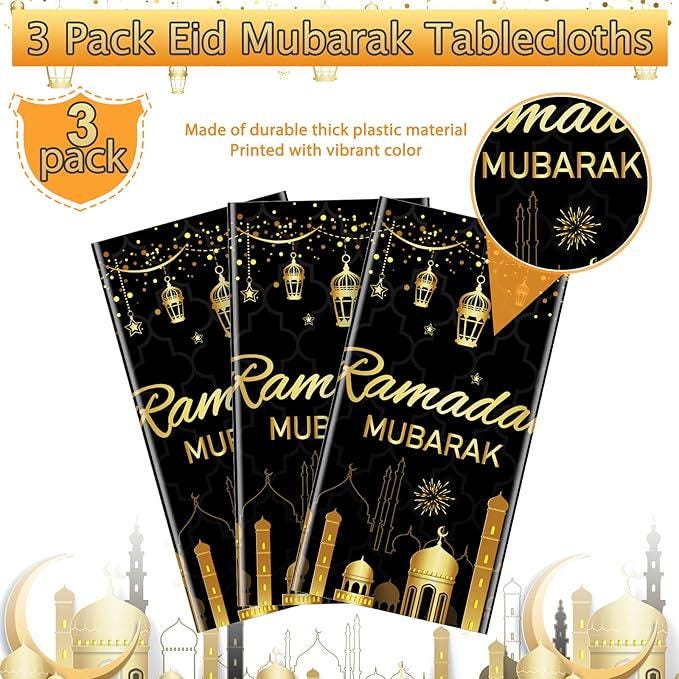 3 Pack Ramadan Plastic Tablecloths Eid Mubarak Disposable Table Covers 54x108 Inch