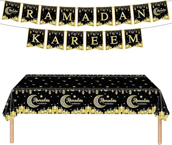 3 Pack Ramadan Tablecloths Black Gold Ramadan Kareem Disposable Table Covers 54x108 Inch