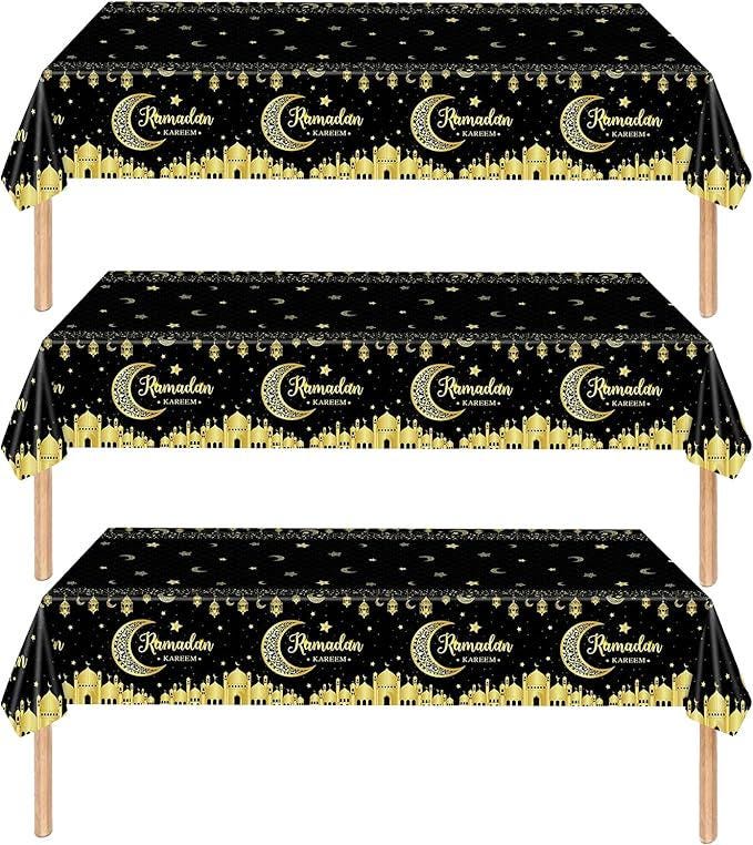 3 Pack Ramadan Tablecloths Black Gold Ramadan Kareem Disposable Table Covers 54x108 Inch