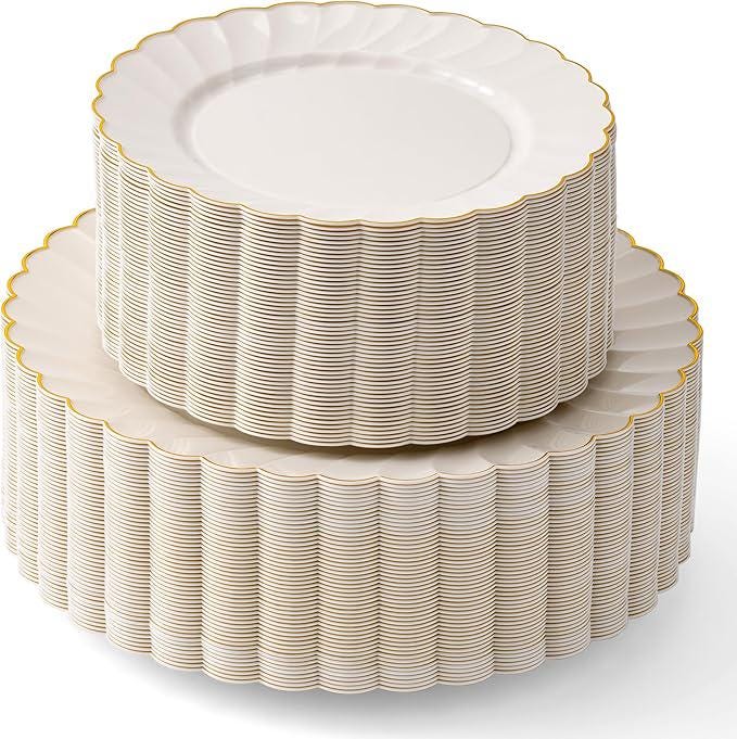 Ivory Plastic Plates with Gold Trim, Scalloped Disposable Dinnerware (100 Piece Set)