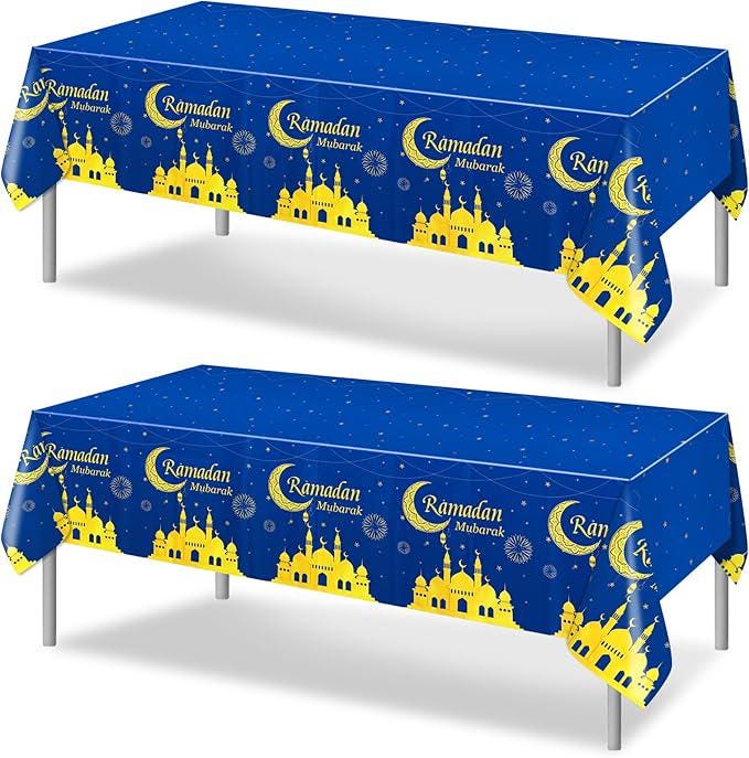 2 Piece Ramadan Mubarak Tablecloths Blue Gold Disposable Rectangle Table Covers 54x108 Inch