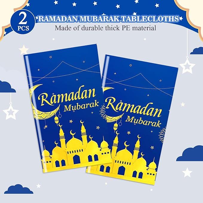 2 Piece Ramadan Mubarak Tablecloths Blue Gold Disposable Rectangle Table Covers 54x108 Inch