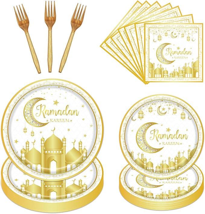 96 Piece Ramadan Eid Mubarak Tableware Set Plates Napkins Forks White Gold 24 Guests