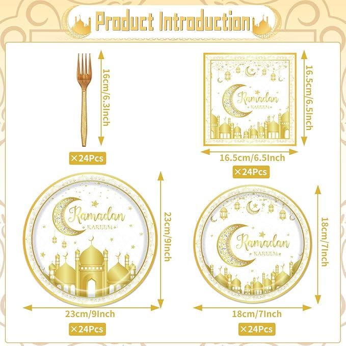 96 Piece Ramadan Eid Mubarak Tableware Set Plates Napkins Forks White Gold 24 Guests