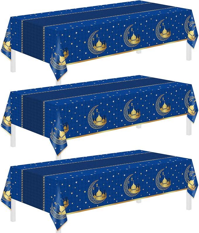 3 Pack Ramadan Mubarak Tablecloths Blue Disposable Rectangle Table Covers 54x108 Inch Party Supplies