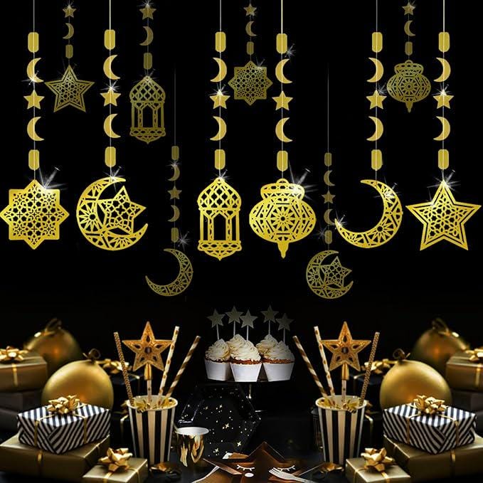 6 Piece Ramadan Eid Mubarak Hanging Decorations Golden Star Moon Lanterns Reusable Party Decor