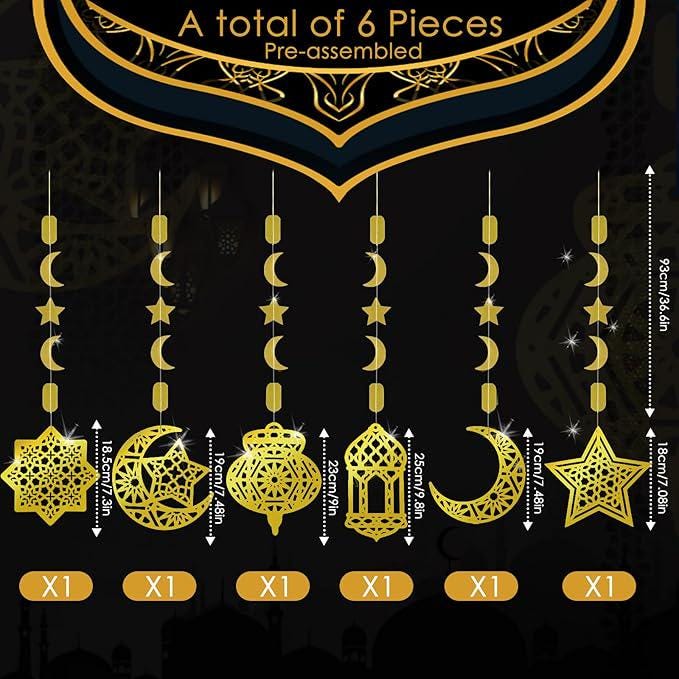 6 Piece Ramadan Eid Mubarak Hanging Decorations Golden Star Moon Lanterns Reusable Party Decor
