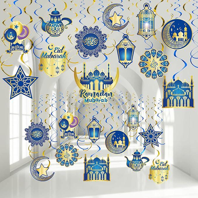 30 Piece Ramadan Mubarak Hanging Swirls Gold Star Moon Lantern Ceiling Party Decor