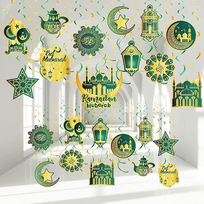 Ramadan Mubarak Hanging Swirl Decorations: Gold & Dark Green, 30 Piece