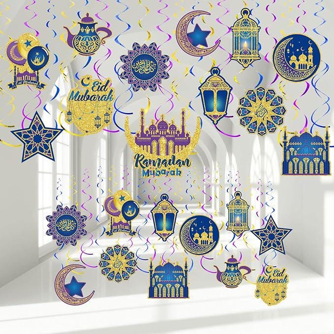 Ramadan Mubarak Hanging Swirl Decorations: Blue, Purple, and Gold, 30-Piece Set
