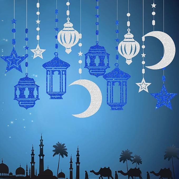 12 Piece Blue Silver Ramadan Star Moon Garland Twinkle Hanging Swirls Lantern Party Decor