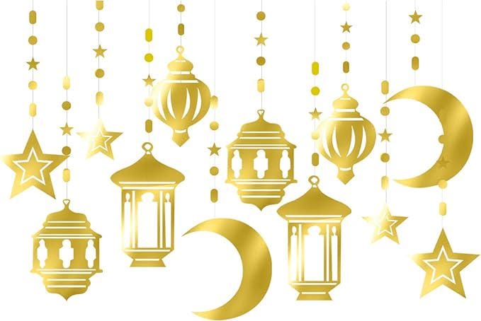 12 Piece Gold Ramadan Star Moon Garland Twinkle Hanging Swirls Lantern Eid Party Decor