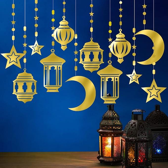 12 Piece Gold Ramadan Star Moon Garland Twinkle Hanging Swirls Lantern Eid Party Decor