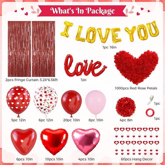 Red Valentines Day Decorations Set I Love You Banner Rose Petals Heart Balloons Streamers