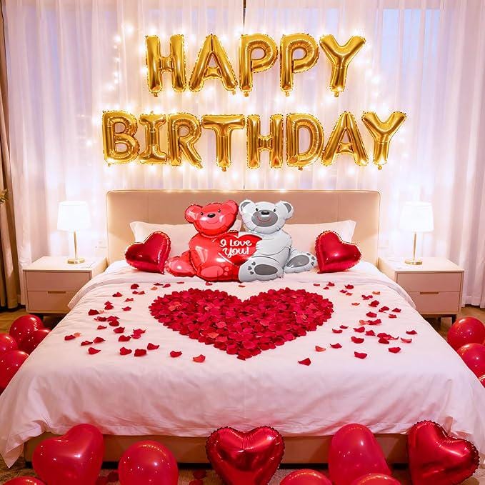 Happy Birthday Decorations For Women Romantic Balloons Set Love Banner Rose Heart Balloons