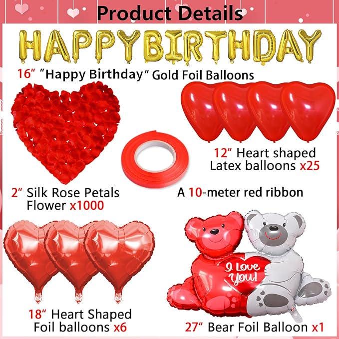 Happy Birthday Decorations For Women Romantic Balloons Set Love Banner Rose Heart Balloons