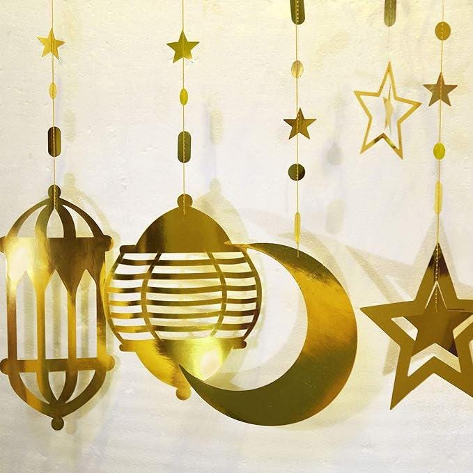 Ramadan Eid Decorations Gold Star Moon Lantern Garland Islamic Party Decor Set