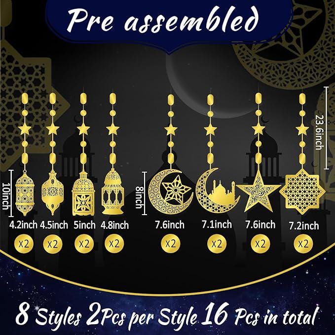 16 Pcs Ramadan Decorations Hollow Moon Stars Lantern Banner Home Party Wall Decor